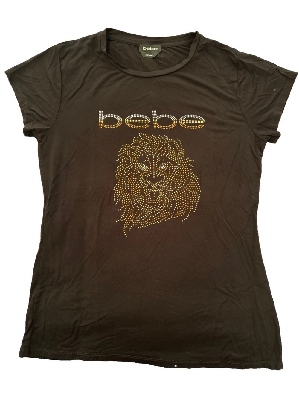 bebe Black Crew Neck Top Jeweled Rhinestone Logo and Lion Stretch Short Sleeve